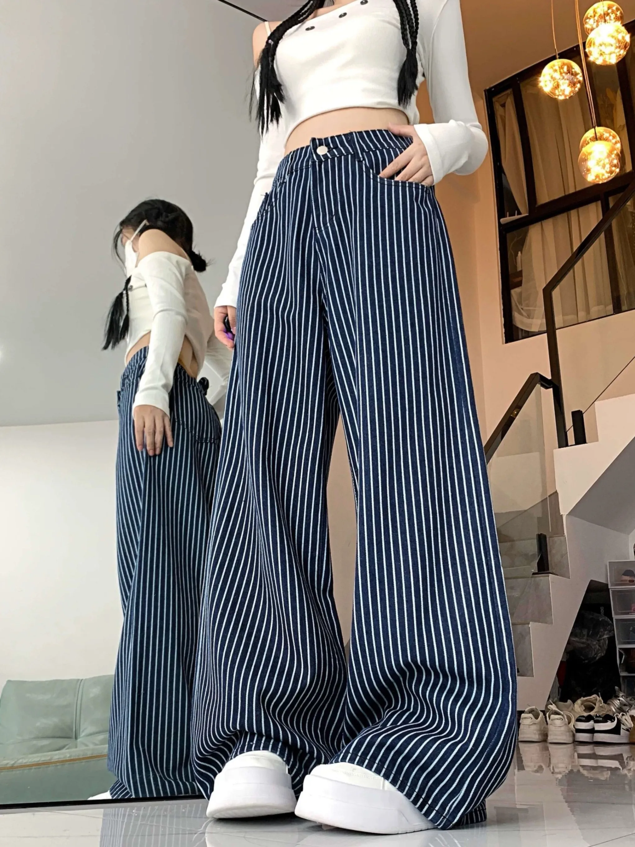 

Navy Blue Striped Suit Pants Woman Baggy Y2k Vintage Korean Style Trousers Oversize Harajuku Fashion Office Lady Slacks