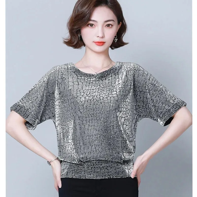 Women\'s Short Sleeve Loose Blouse, Casual Shirt, Elegant, O-Neck, Office Clothing, Summer Fashion Shiny Silver Tops, 14081