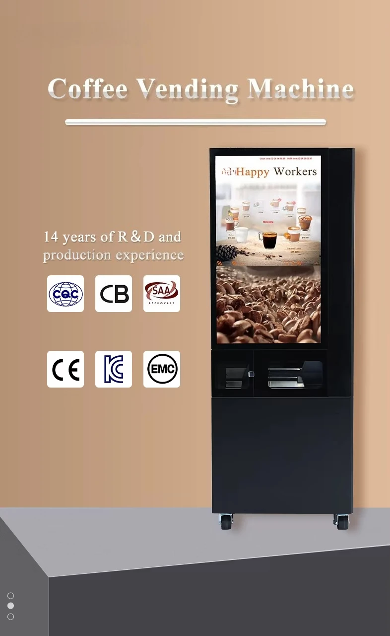 Coin Operated Commercial Coffee Vending Machine Auto Cup Drop Anti Dry Burn Protection 24h Unmanned Office Beverage Equipment