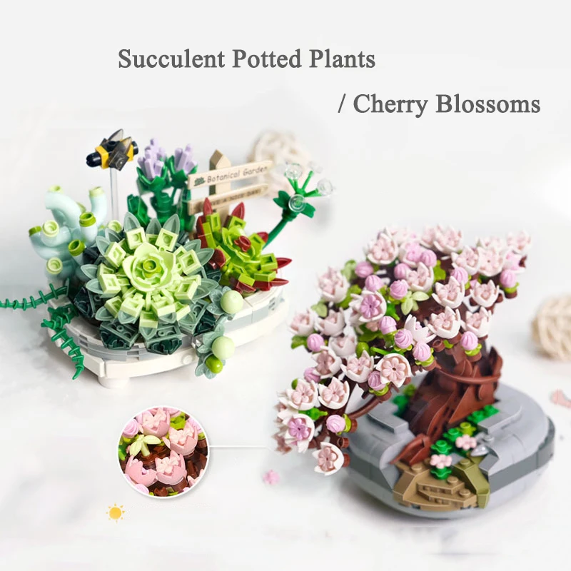 

Mini Bonsai Building Blocks Flower Succulent Cherry Blossom Potted Model Ornaments DIY Children's Puzzle Assembly Toy Girl Gift