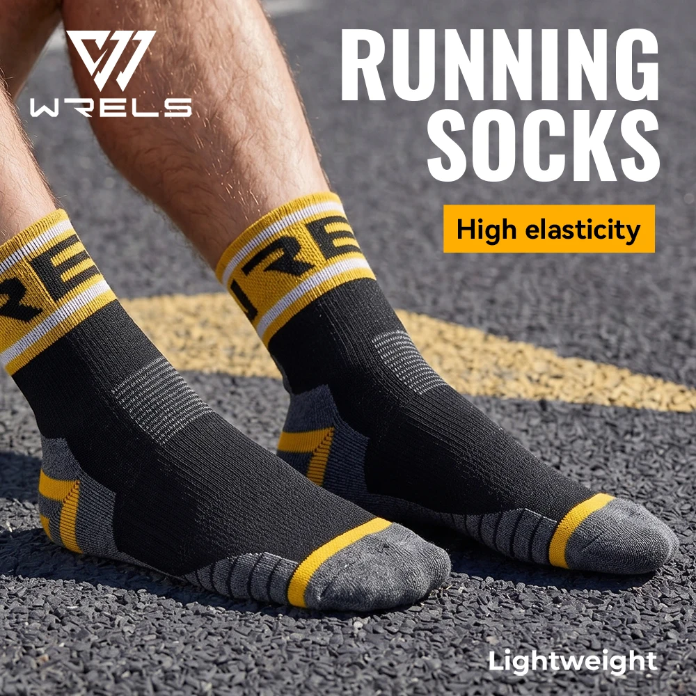 WRELS Running Socks Athletic Socks 3D Anti Slip Terry Cushioned Breathable Quick Dry Men Women Marathon Soccer Training Crew