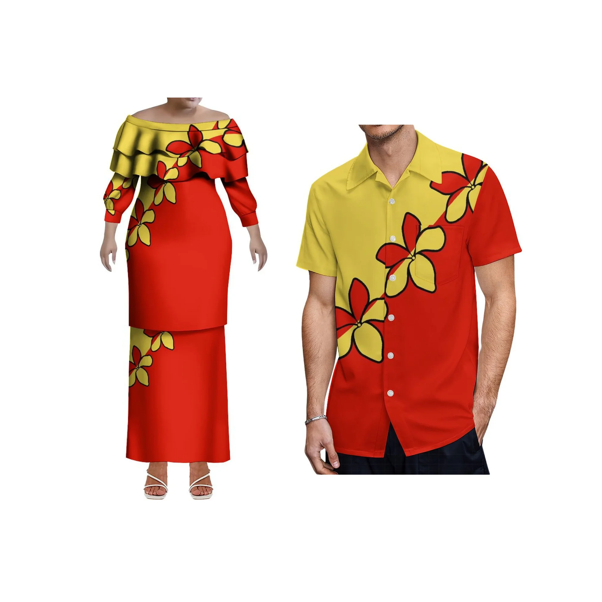 2025 novo estilo design personalizado fora do ombro xale vestido samoa puletasi vestido plus size feminino dupla camada babado vestido 2 peças