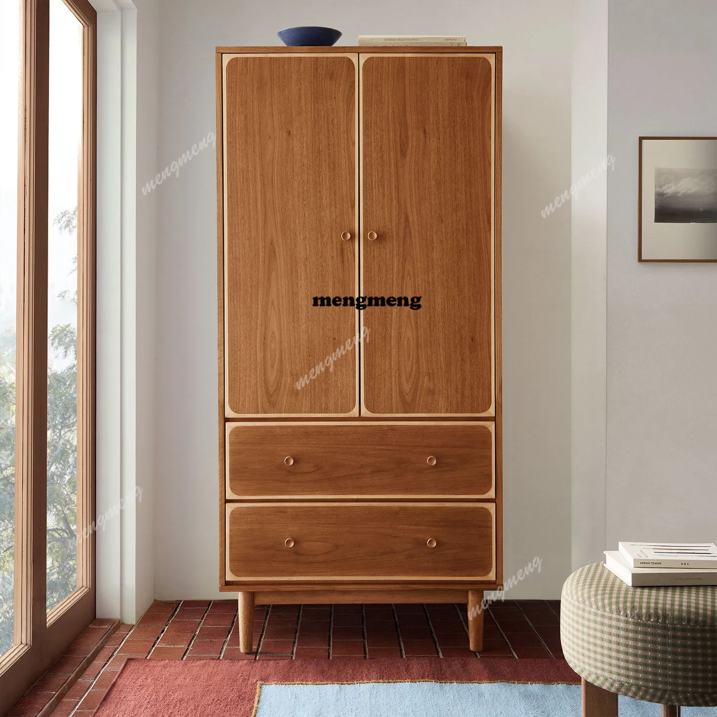Medieval all solid wood retro cabinet walnut cherry wood teak color bedroom storage wardrobe