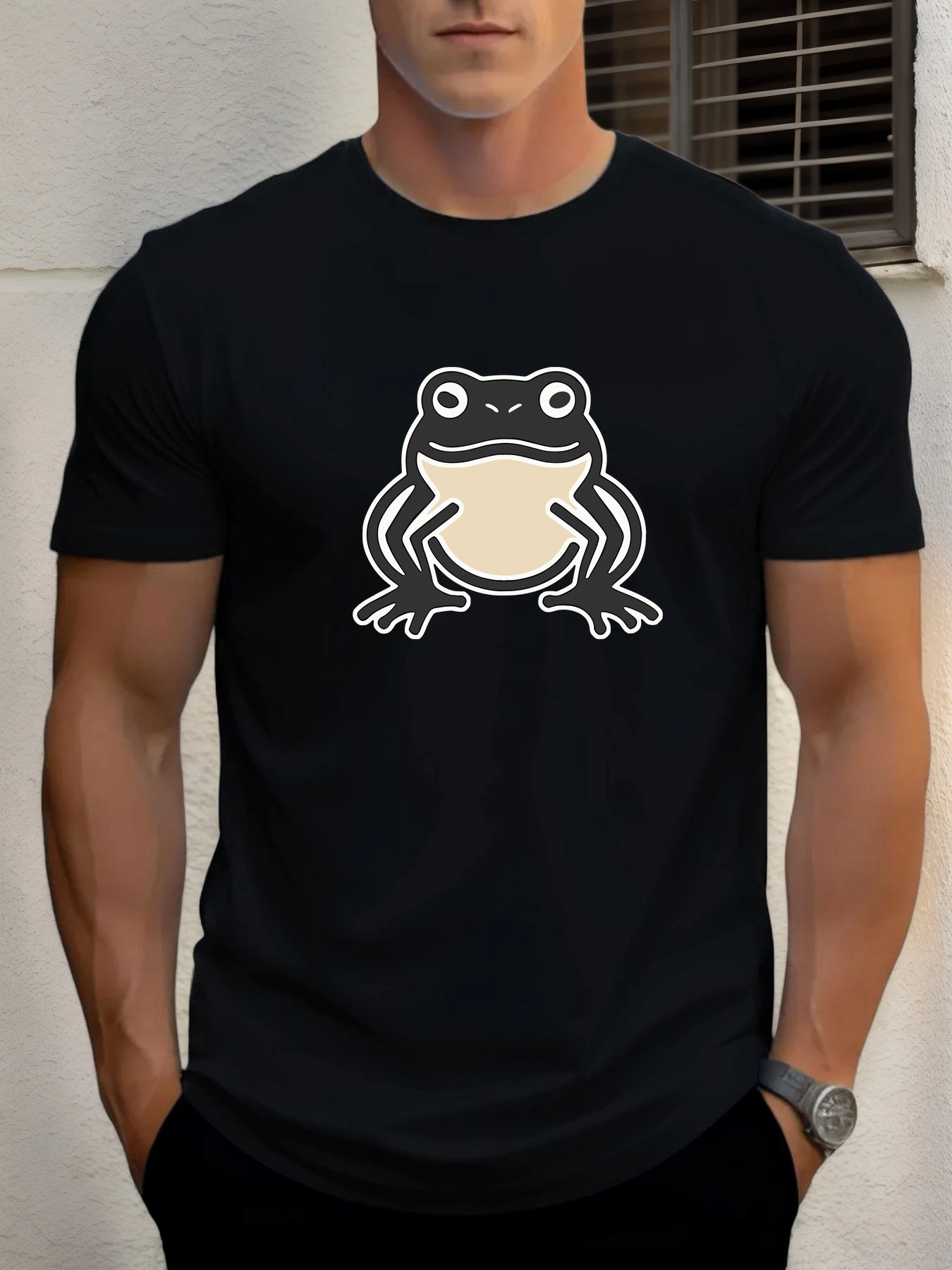 

2025 Summer Men's Cotton T Shirt Frog Trendy Print Round Neck T-Shirt Casual Breathable Street Style Daily Top