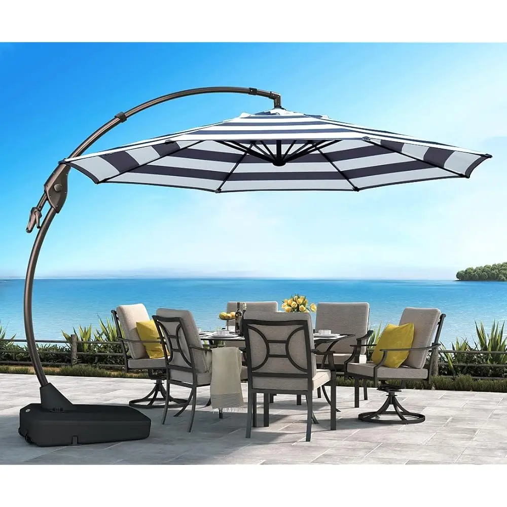 

11 Ft Outdoor Cantilever Umbrella Round Aluminum Offset Umbrella With Base For Pool Garden De (Bla And White, 11Ft)