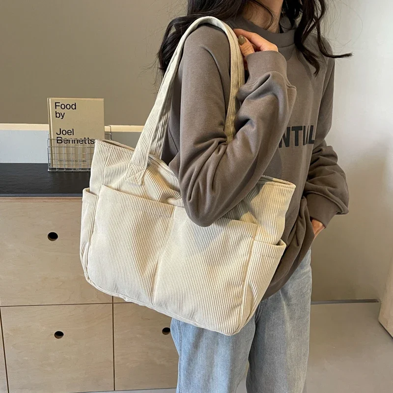 

Large Capacity Canvas Bag for Women 2024 New Striped Fleece Commuting Single Shoulder Armpit Bag College Student Class Tote Bag