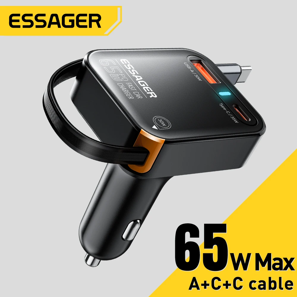 

Essager USB C Car Charger 3 Ports With Type C Retractable Cable QC3.0 65W Fast Charging For iPhone 16 15 14Pro Huawei Samsung