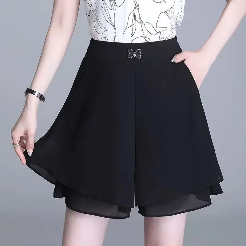 여성용 배기 스커트 팬츠 하이웨이스트 숏 쉬폰 블랙 루즈 큐롯 팬츠 야외 활동복 2000년대 스타일 Y2K 캐주얼