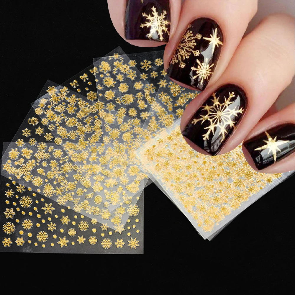 12 Sheets Christmas Nail Art Stickers Gold Snowflake Nail Decals Winter Xmas Bell Tree Elk Xmas 3D Self-adhesive Maniucre Decors