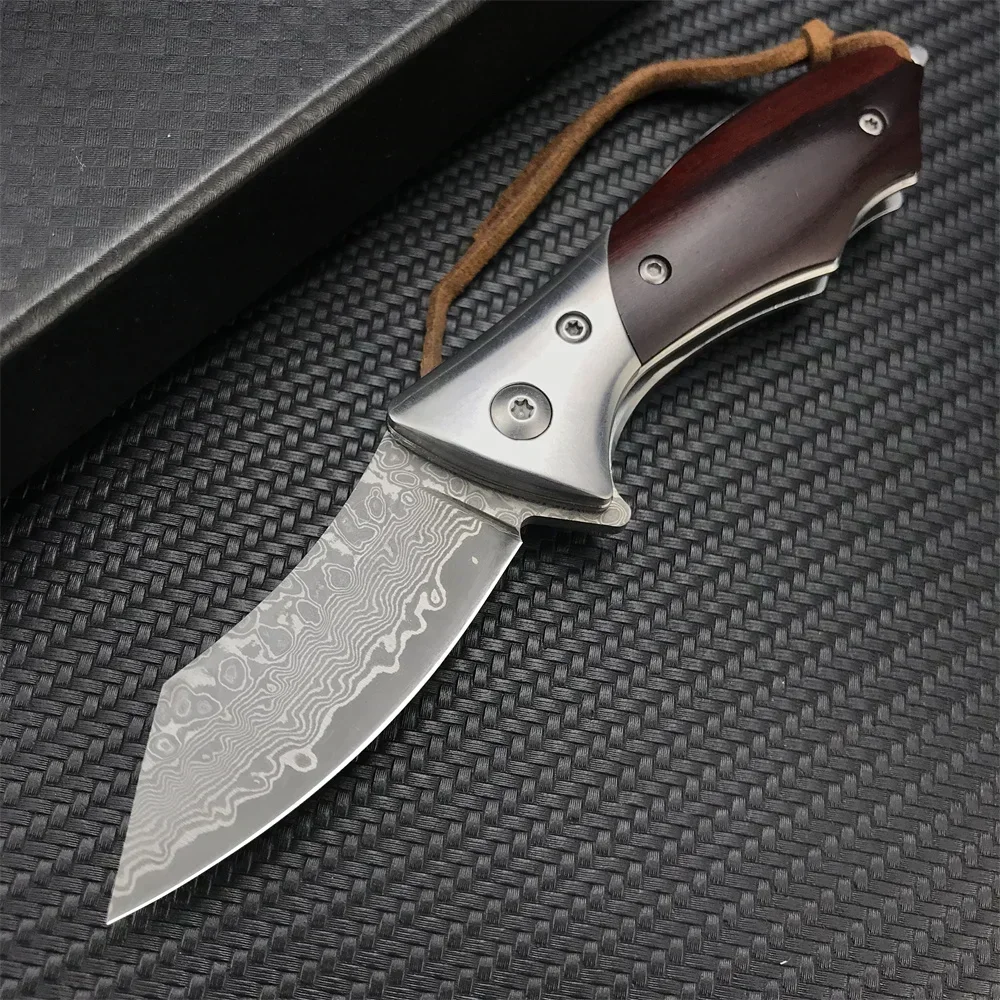 

Damascus Steel Mini Pocket Folding Knife Wood Handle High Quality Tactical Knives Outdoor Camping Hunting Tool Collection Gifts