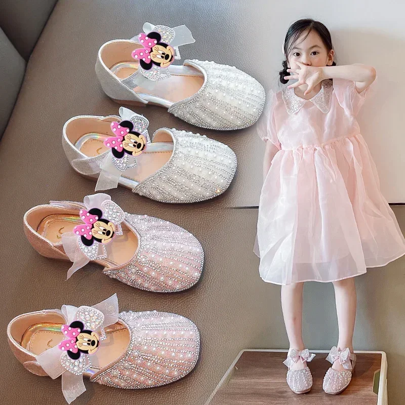 

Disney Mickey Mouse Girls Princess Shoes Minnie Spring Fall New Kids Pearl Leather Shoes Summer Sandals Crystal Dance Shoes Baby