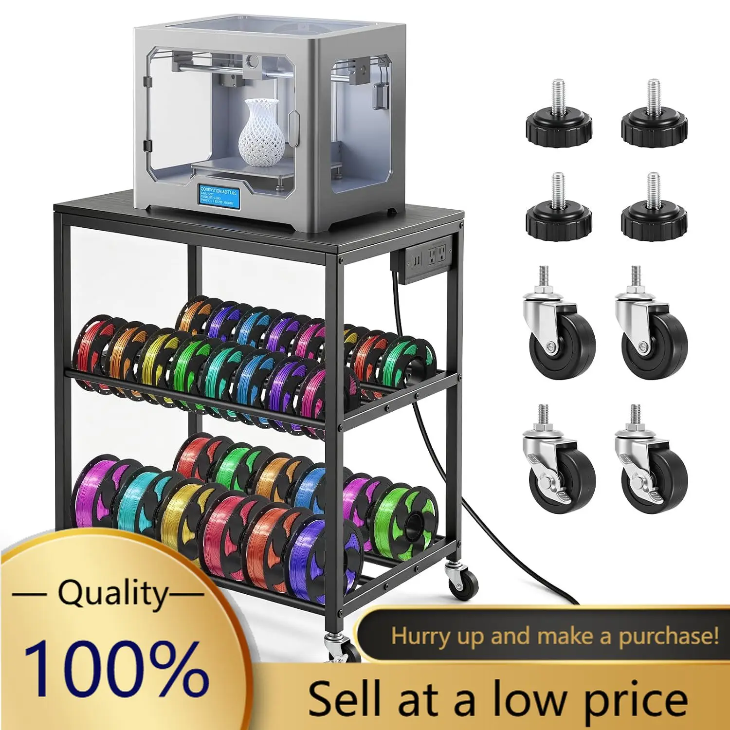 IRONWALLS 3D Printer Stand with Filament Storage & Power Outlet, 3-Tier