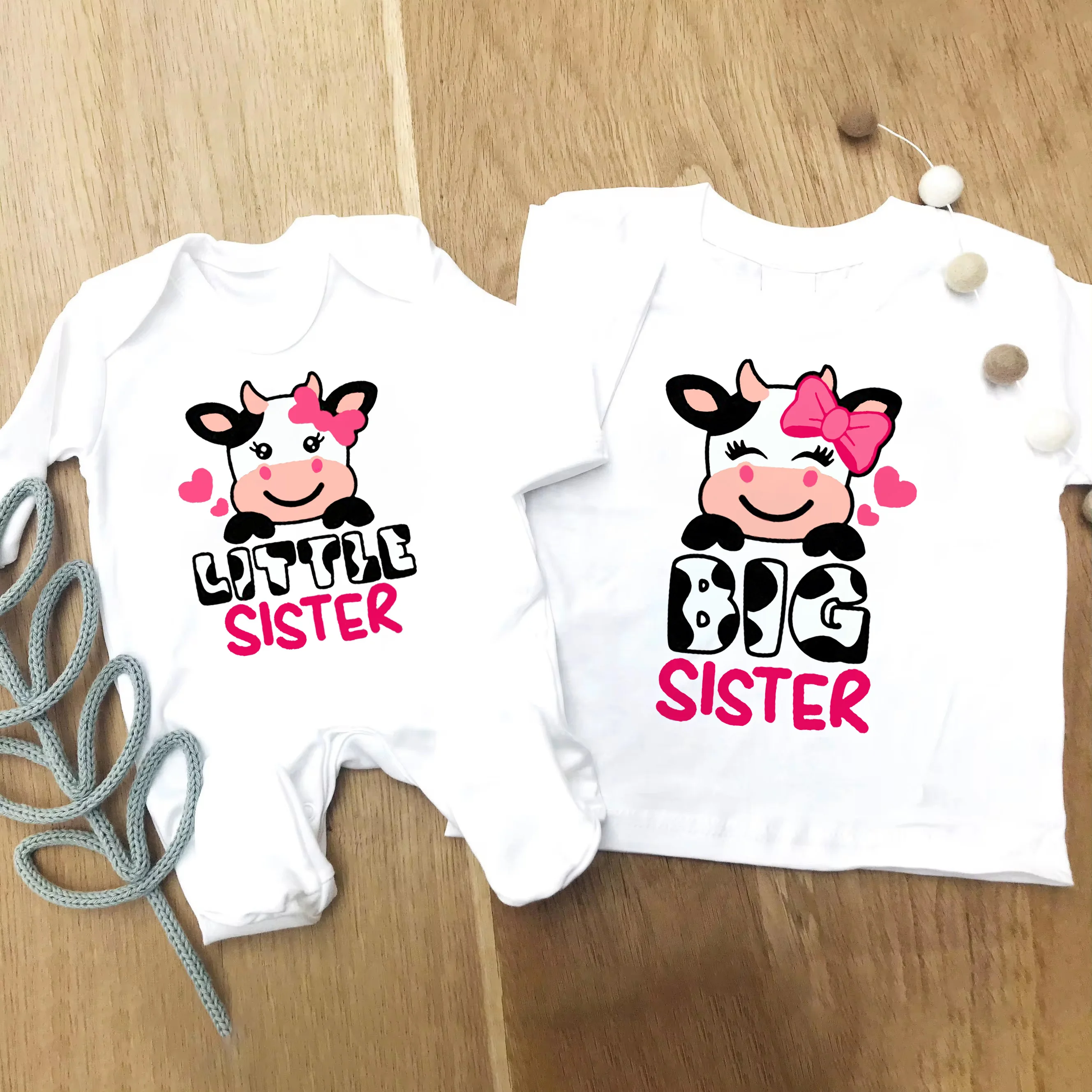 Cute Cow Printed Big Sister Little Sister Matching Shirts Girls Sibling T-shirt Tee Baby Romper Hospital Coming Home Clothes