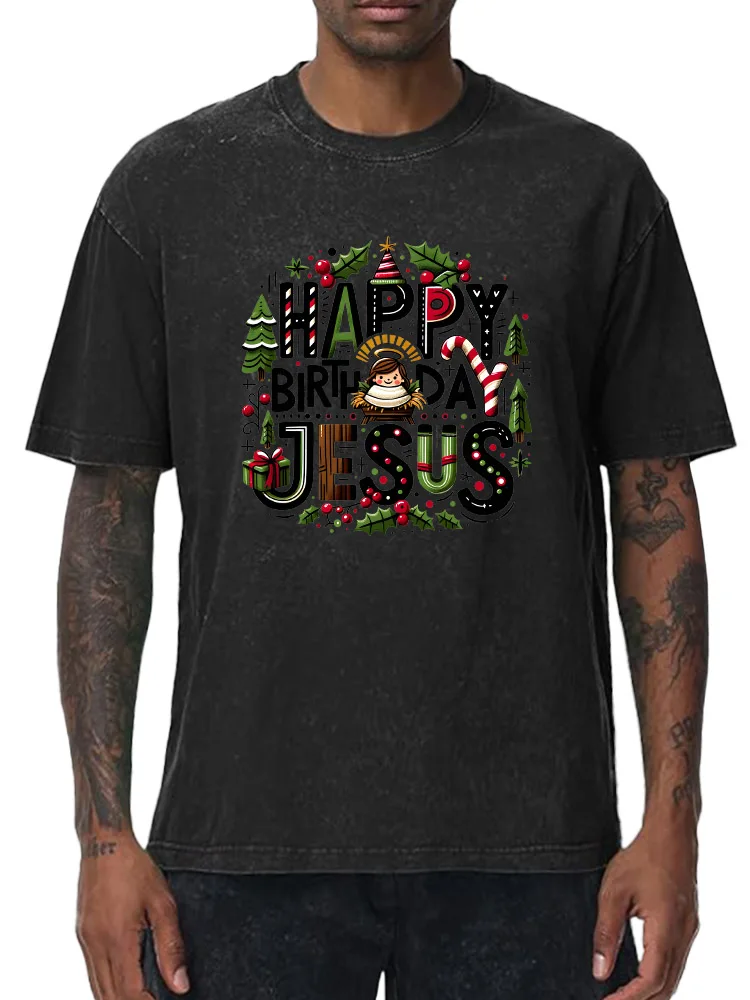 

Happy Birthday Jesus 230g Heavy Cotton Washed Oversized T-Shirt for Men Christmas Graphic Tee Retro Casual Top