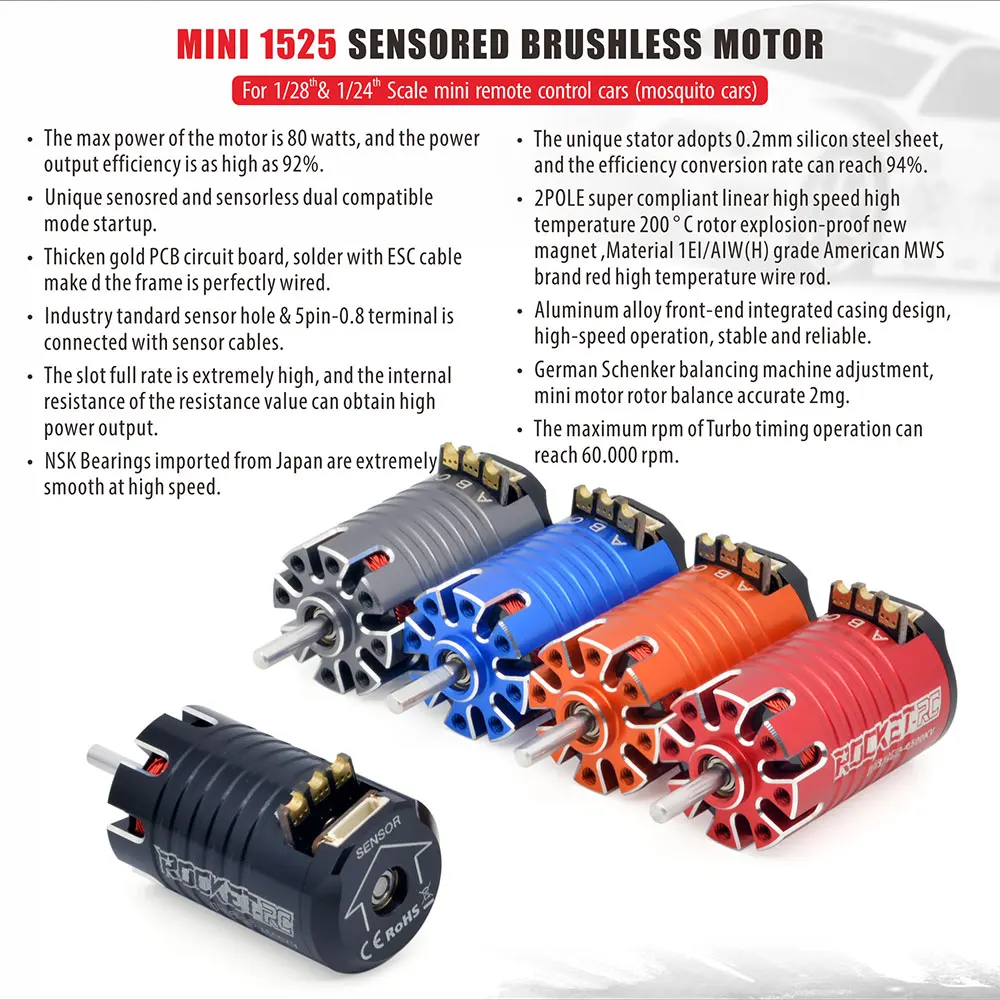 Rocket RC MINI 1525 Sensored Brushless Motor 13.5T 17.5T 21.5T  for 1/28 1/24 RC Car Kyosho Mr03 Pro Mini-Z Mosquito Cars