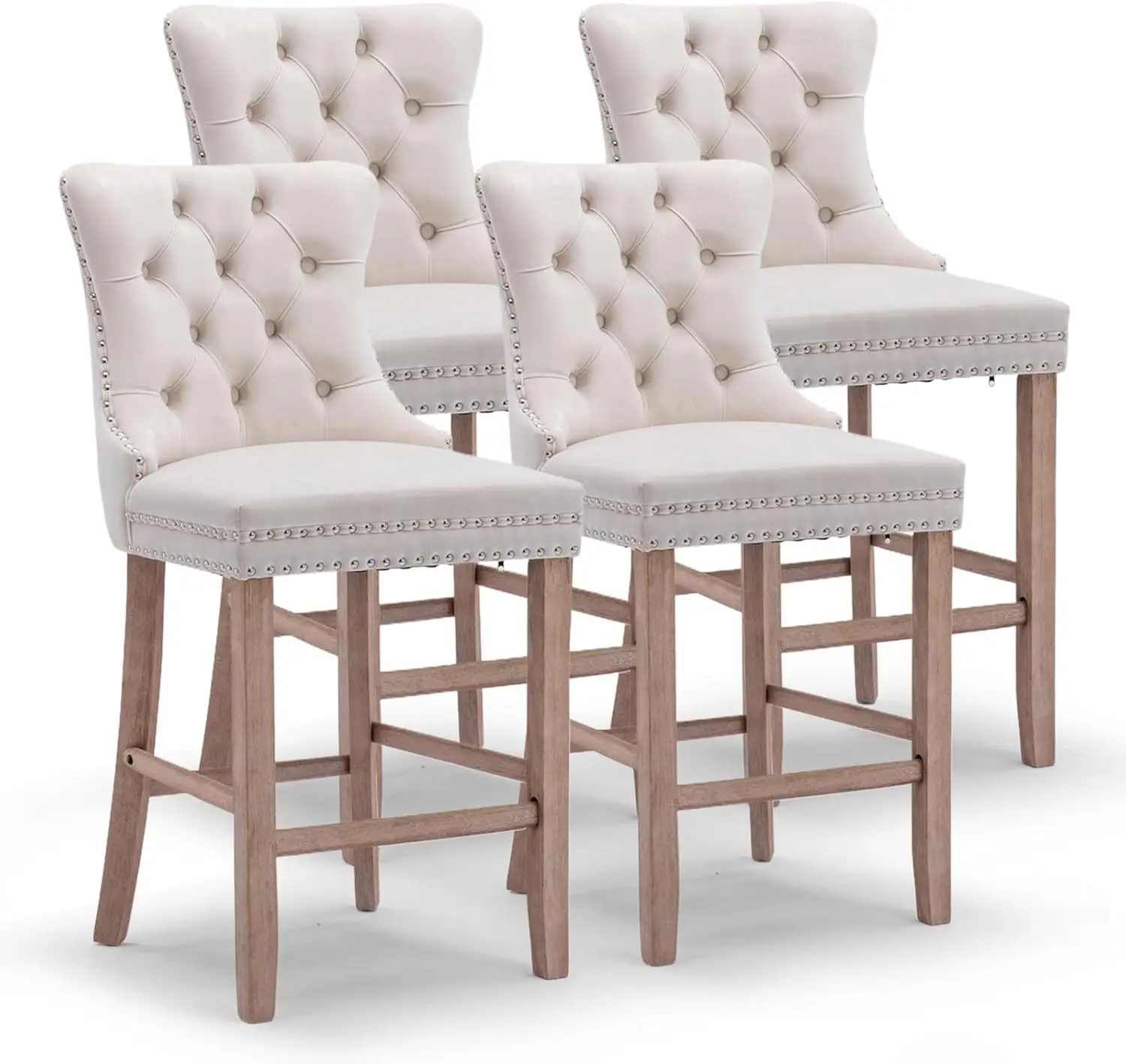 

Набор из 4 барных стульев, барный стул с бархатной обивкой для кухонного острова, табуреты-стойки с гвоздями, бежевый