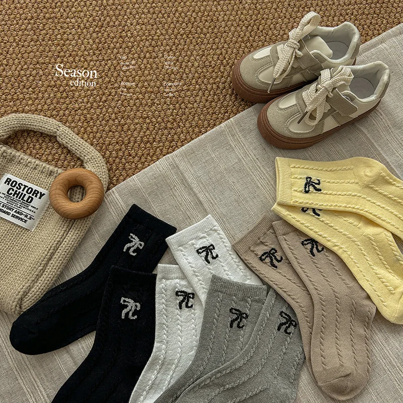 

children socks for girls autumn winter cotton retro twist bow baby casual sports accessories ملابس اطفال بنات baby items