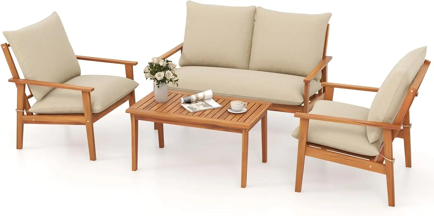 

4 Pieces Patio Furniture Set, Outdoor Acacia Wood Conversation Set with Soft Cushions and Coffee Table, Outdoor Sectional Sofa