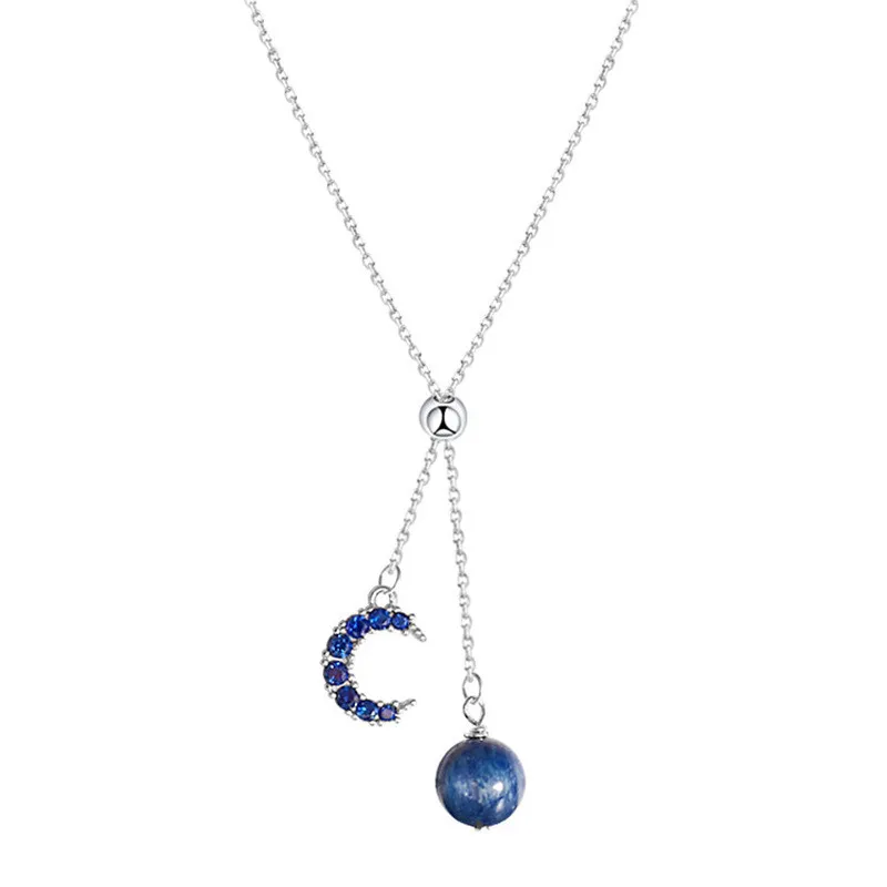 925 Sterling Silver Needle Blue Dream Crystal Moon Tassel Choker Necklaces For Women Girl Lady Sterling-Silver Needle-Jewelry
