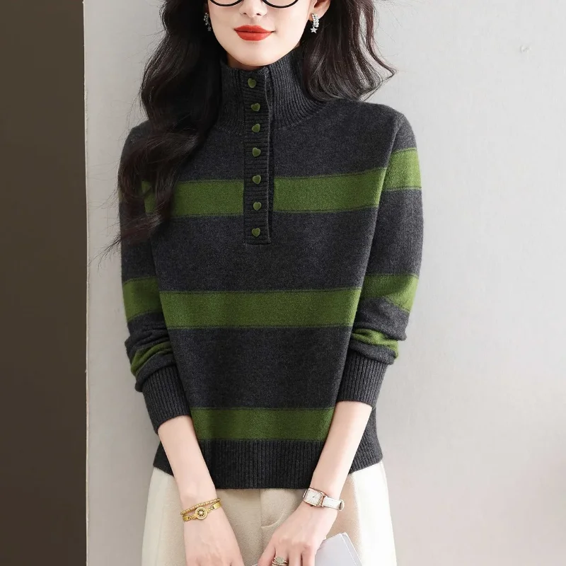 

Водолазка в полоску, женский свитер на осень и зиму 2025, новый модный свободный вязаный топ с утолщенным низом