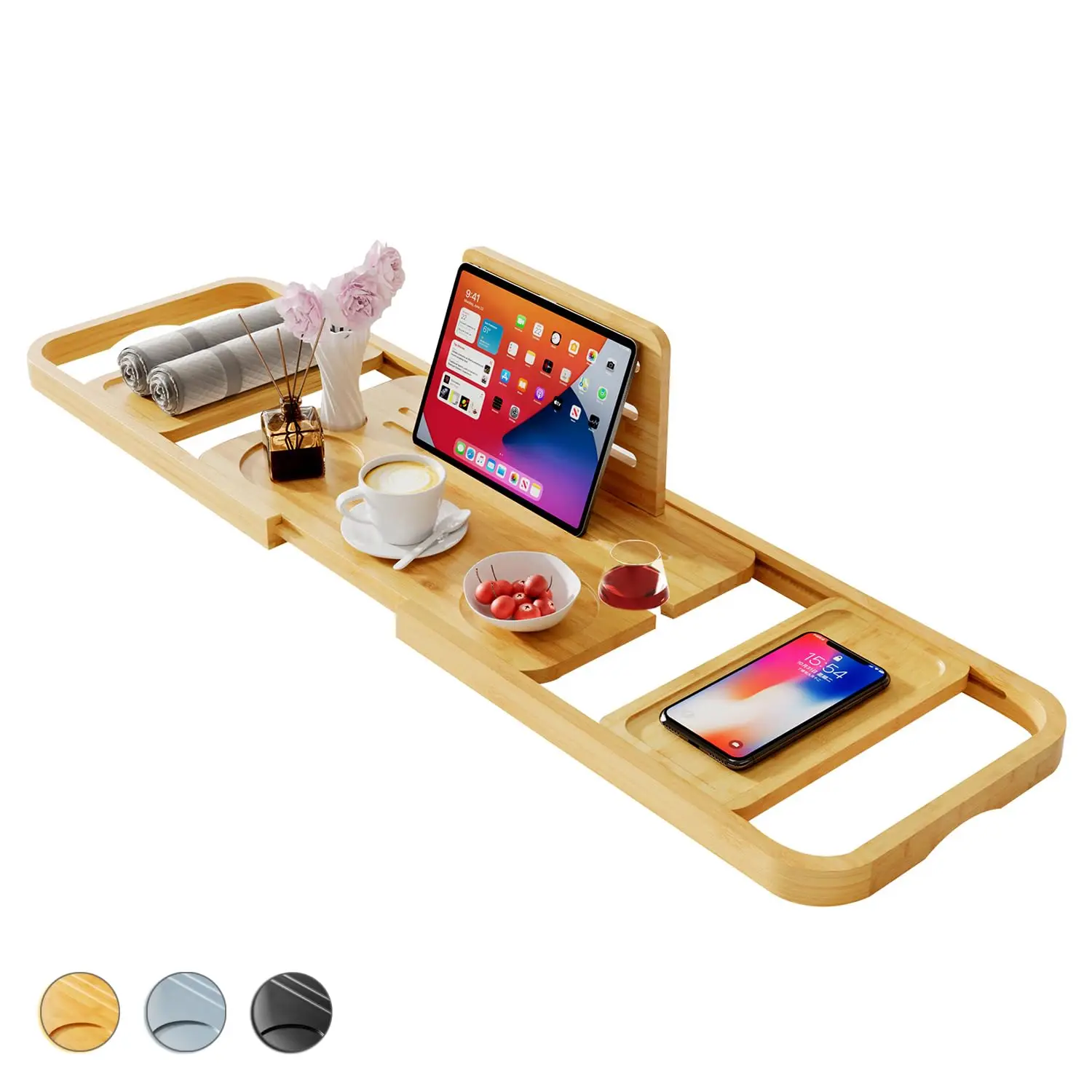 

Premium Bathtub Tray Caddy - Expandable Bath Caddy Tray - Adjustable Bamboo Bath Caddy Tub Table - Unique House Warming Gifts Ne