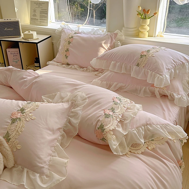 Korean Princess Style Flowers Lace Ruffles Duvet Covers Bed Skirt/Fitted Sheet Pillowcase Bedding For Girls Luxury Home Textiles