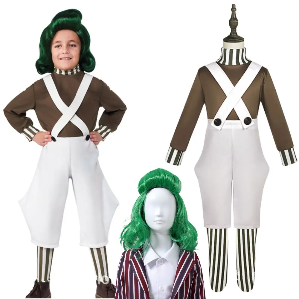 

Kids Children Oompa Cosplay Loompa Costume Clothing Wigs for Boys Roleplay Performance Outfits Halloween Carnival Party Suit