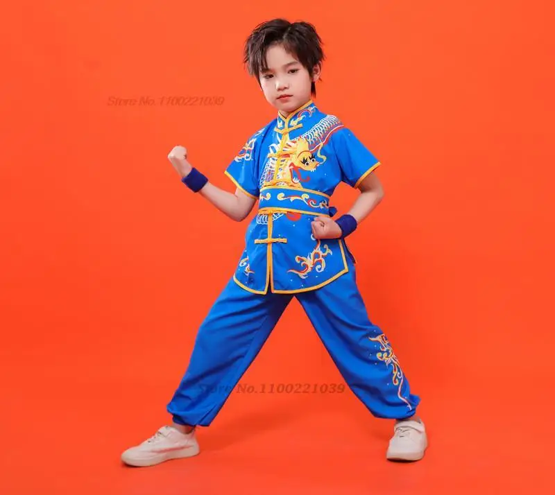 2024 chinese children tai chi wushu clothing martial arts suit kung fu uniform wing chun shaolin dragon print vintage kungfu set