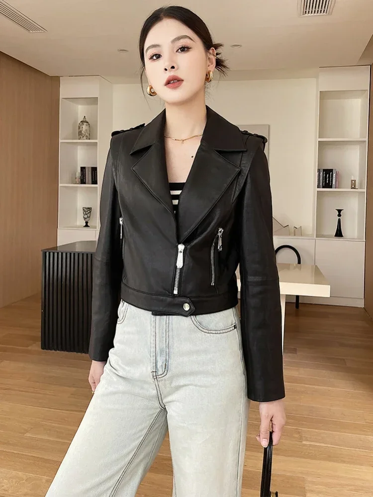 

Black Genuine Leather Motorcycle Jacket for Women Autumn 2024 New Simple Slim Zipper Cropped Real Sheepskin Coat