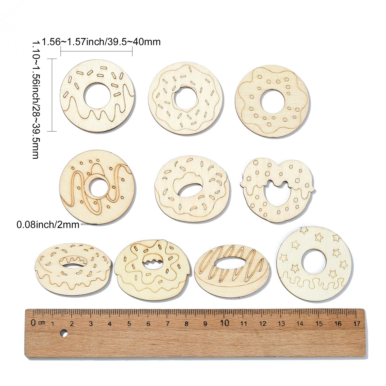 Pandahall 100Pcs Random Unfinished Wood Donut Cutout Dangle Charms Wood Dessert Sweet Food Slices for DIY Crafts Decor