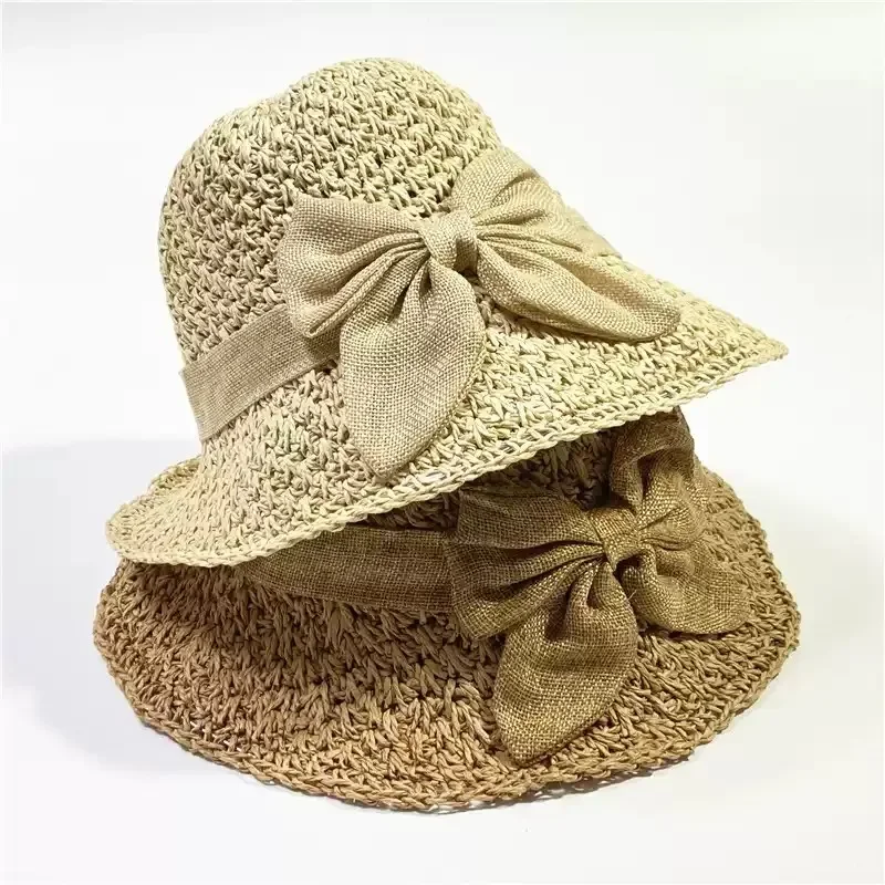قبعة شمس من القش قابلة للطي بحافة واسعة للحماية من الأشعة فوق البنفسجية للنساء، قبعة بنما مصنوعة يدويًا بفيونكة، لرحلات الشاطئ ودرع الشمس في الهواء الطلق #1
