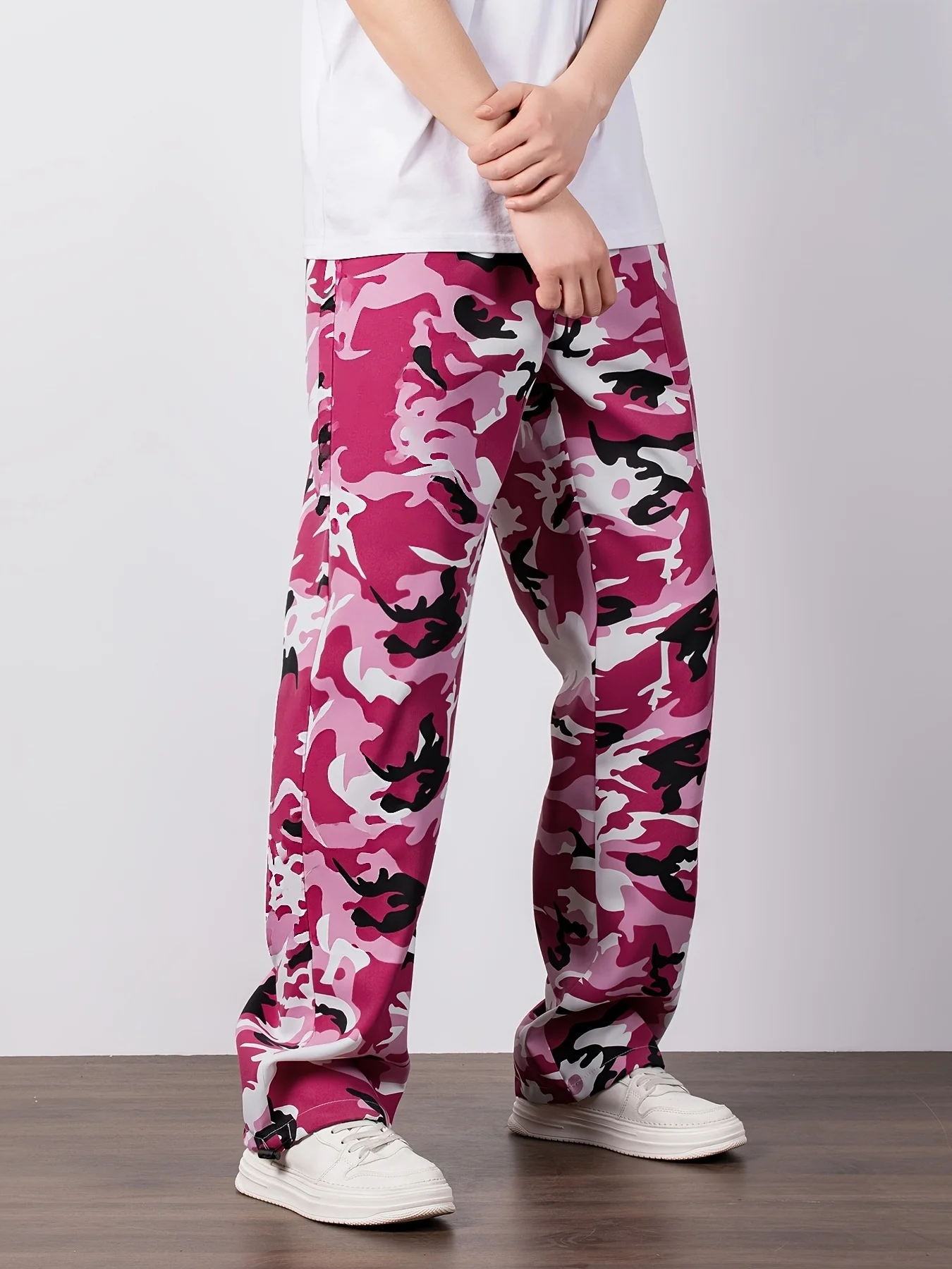 Men's Casual Camouflage Long Pants Blue White Camo Pattern Loose Wide Leg Design Quick Dry Hem Daily Wear Street Trousers Kids
