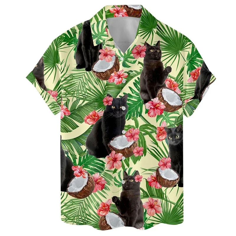 Men Tropical Black Cat Print Hawaiian Shirt Short Sleeve Lapel Button Up Casual Loose Summer Beach Holiday Blouse Topsts