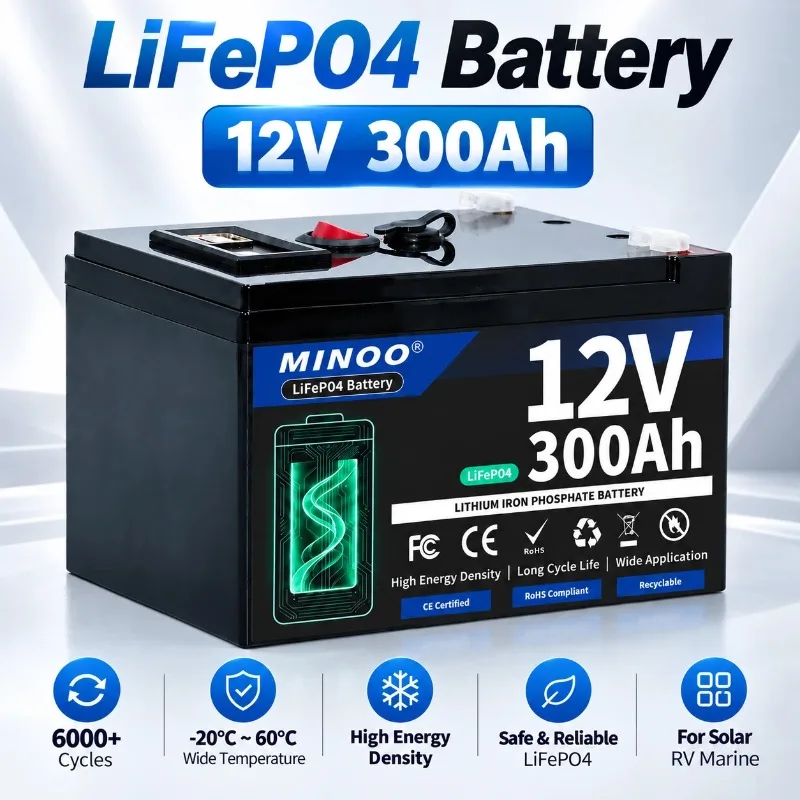 LiFePO4 12V 300AH 12V 200AH Battery Free Charger 12V Lithium Battery Built-In 300A BMS 6000+ Cycle For Solar RV Marine Energy