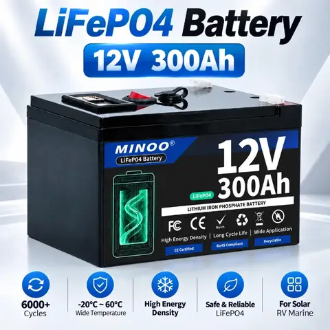 LiFePO4 12V 300AH 12V 200AH Battery Free Charger 12V Lithium Battery Built-In 300A BMS 6000+ Cycle For Solar RV Marine Energy
