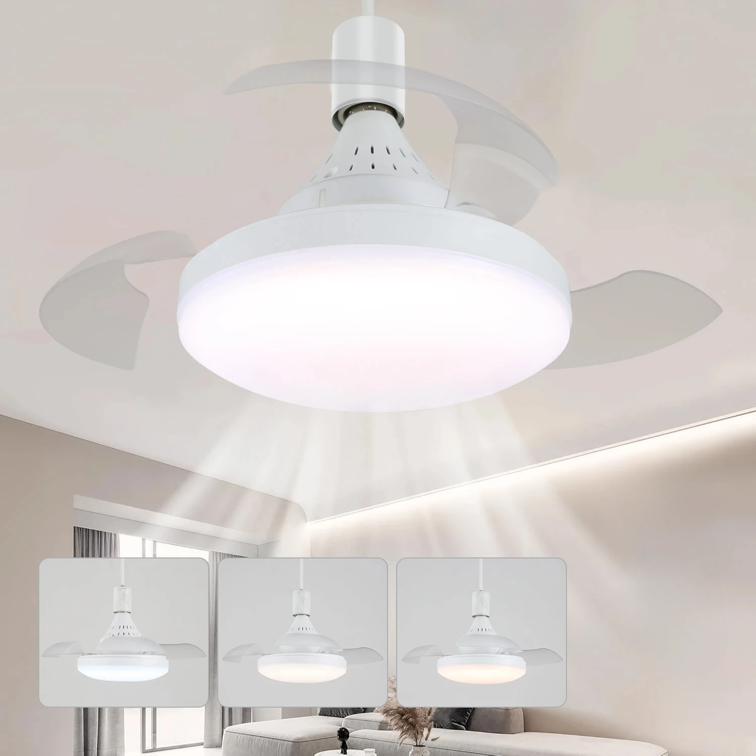 New Smart Invisible Ceiling Fan with Lamp & Remote Control E27 Base Retractable Blades Ceiling Socket Fan Bedroom Study Lighting