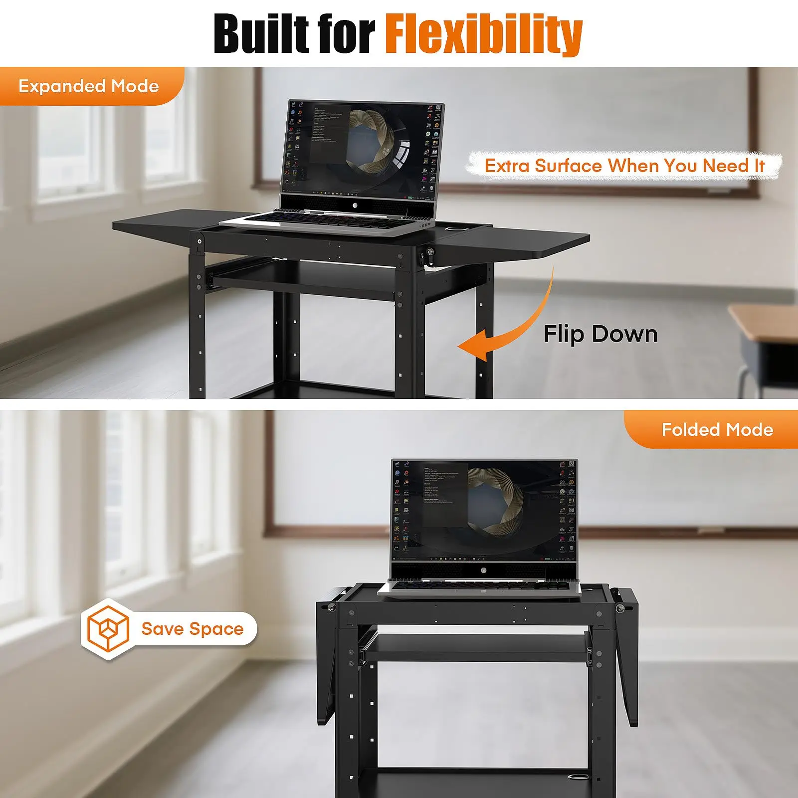 All-Steel Rolling AV Cart with Adjustable Height & Built-in Power – Heavy-Duty Media Workstation with Drop-Leaf Shelves