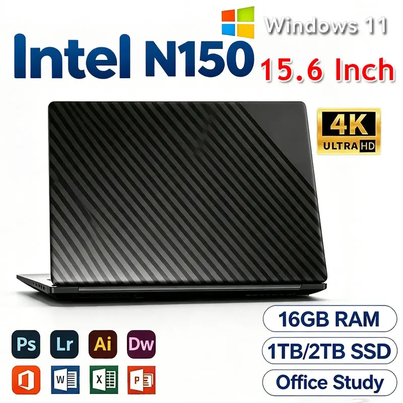 New 15.6' Laptop Intel Core N150 16GB 32GB 2TB Gaming PC Ultra Slim Office Study Computer PC Windows 11 Pro 1920*1080 HD