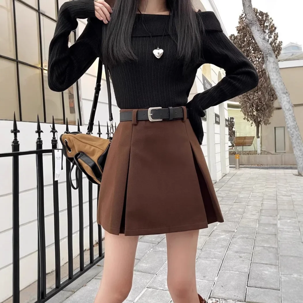 Coffee Color Woolen Bodycon Mini Dress For Women High-Waisted Slimming Petite Autumn/Winter 2024 New Arrival A- Line Skirt