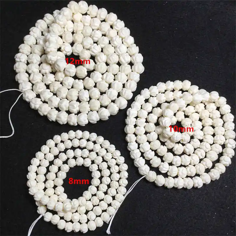 Wholesale 108PCS Tibet White Yak Bone Carved Padma Lotus Prayer Mala Loose Beads 8/10/12/14mm TSB0321