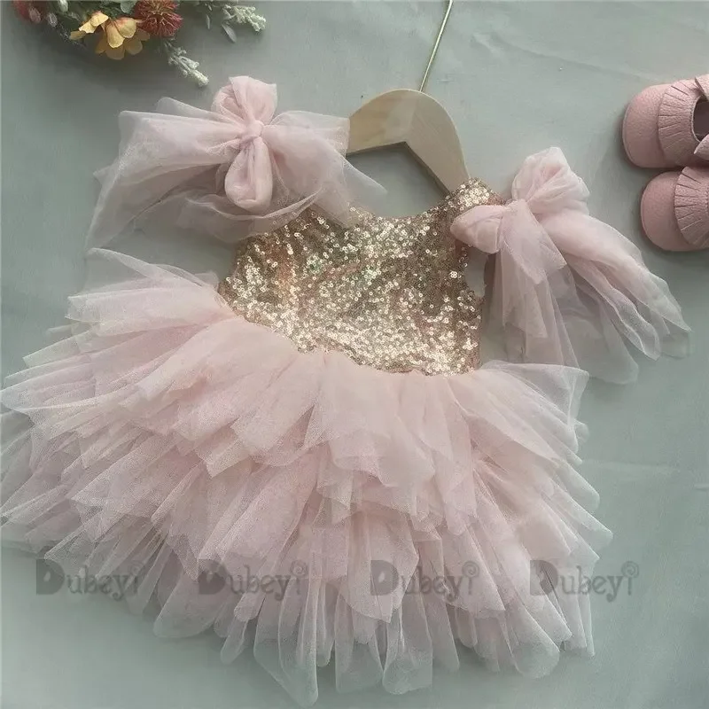 New Born Baby Girls Rosa Gold Sequin Dress with Bows Dubeyi Hand Made  Birthday Party Gown Ruffles 3 Ways To Wear Summer Vesitdo - AliExpress 1501