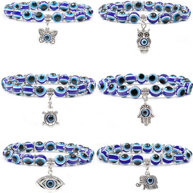 Lucky Turkish Blue Eye Bracelet for Women Men Elephant Butterfly Fatima Hand Charm Bracelet Evil Eye Beads Braclets Accessories