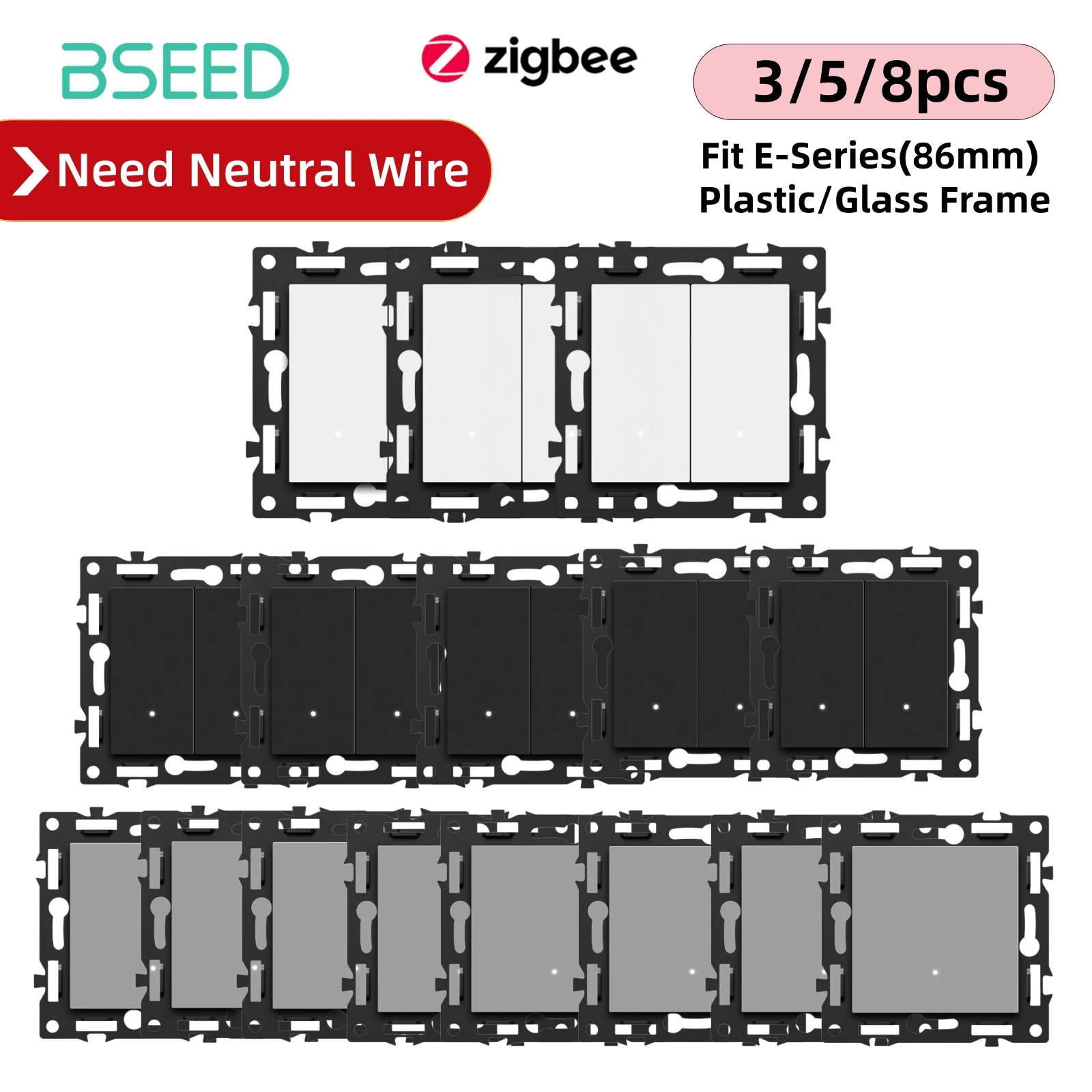 BSEED 3/5/8PCS Zigbee 1/2Gang Click Switch Modules Smart Light Mechanical Buttons Switch DIY Parts Fit E-Seires 86mm Frame