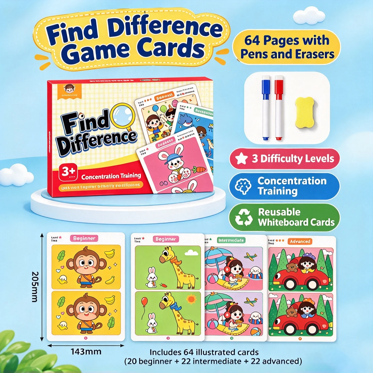 Focus Training Spot the Difference Game Reusable Cards for Training Focus and Concentration, With Erasable Pen, 3 Modes