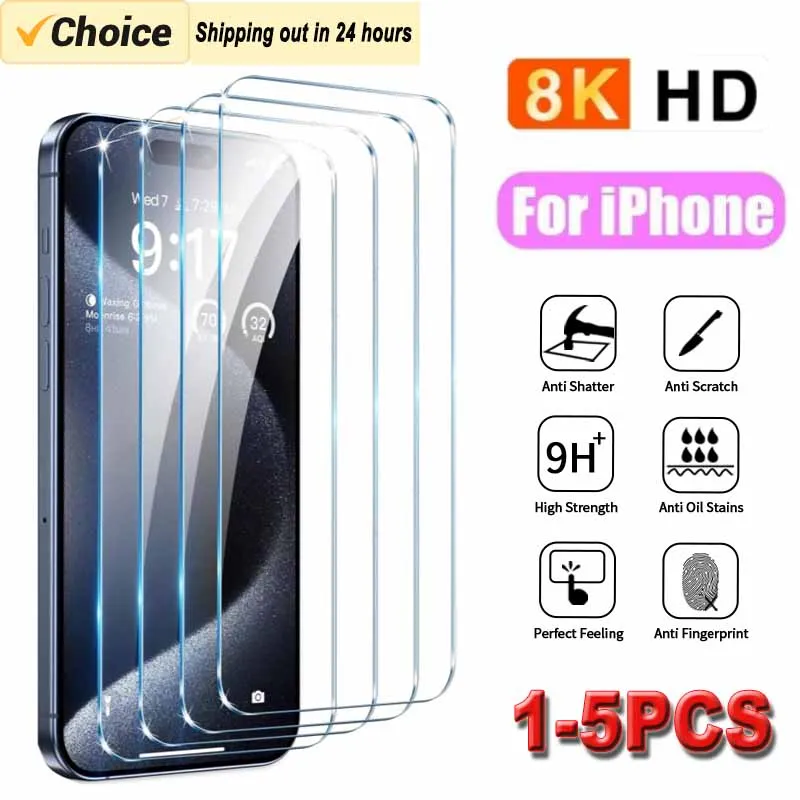 

1-5Pcs HD Tempered Glass for IPhone 15 14 13 12 11 Pro XR X XS Max Screen Protector for IPhone 7 8 Plus Mini High Quality Film