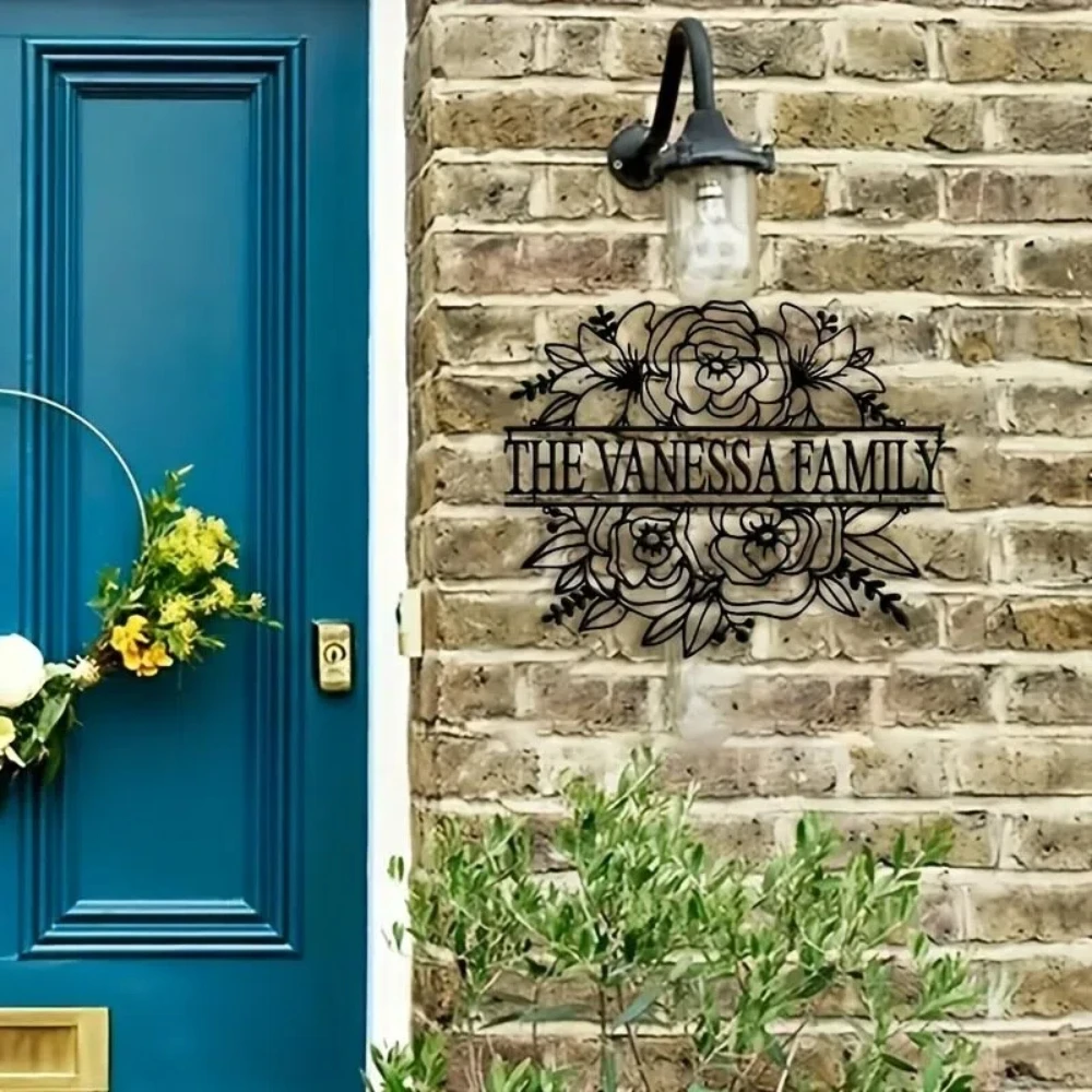 

Персонализированная табличка с именем семьи - металлическое настенное панно с цветочным узором, уличный рождественский декор, прочная монограммная табличка, украшение