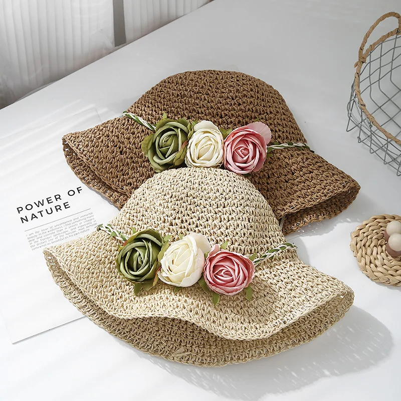 

Sun Hat Women's Summer Hat Flower Straw Lady Breathable Sunshade Foldable Seaside Holiday Beach Accessories Korean Style New