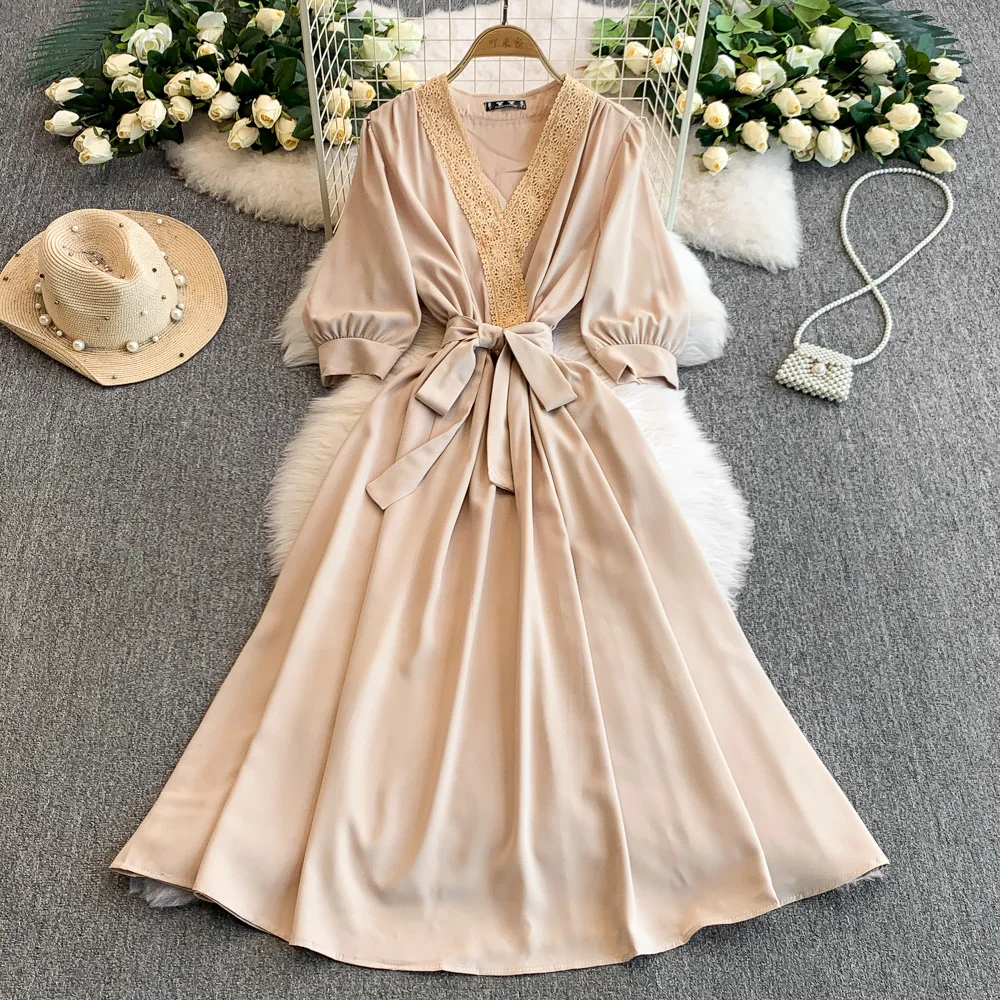 Vestido elegante y Sexy de satén con cordones y encaje, corte en A, para verano, playa, vacaciones, ajustado, vestido de fiesta de noche para mujer