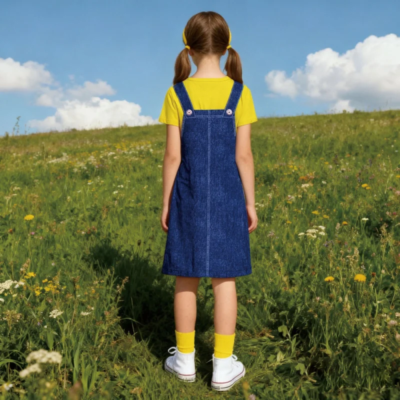 2025Girls' Little Bee Daisy，Imitation Denim Strap Dress.