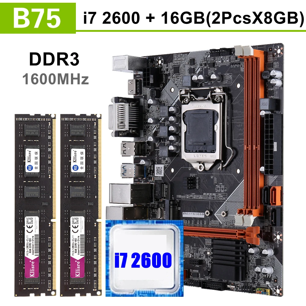 Kllisre B75 Kit motherboard set with Core i7 2600 2 x 8GB = 16GB 1600MHz DDR3 Desktop Memory NVME M.2 USB3.0 SATA3